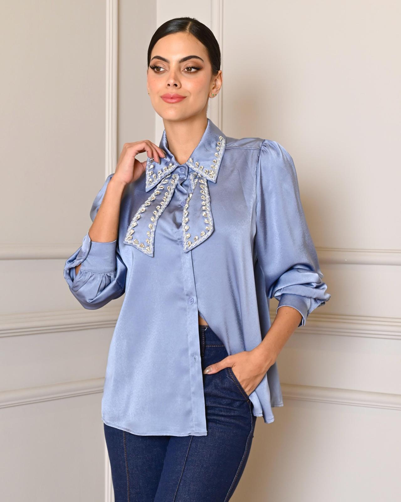 ‘Shiny Collar’ Satin Long Sleeve Top