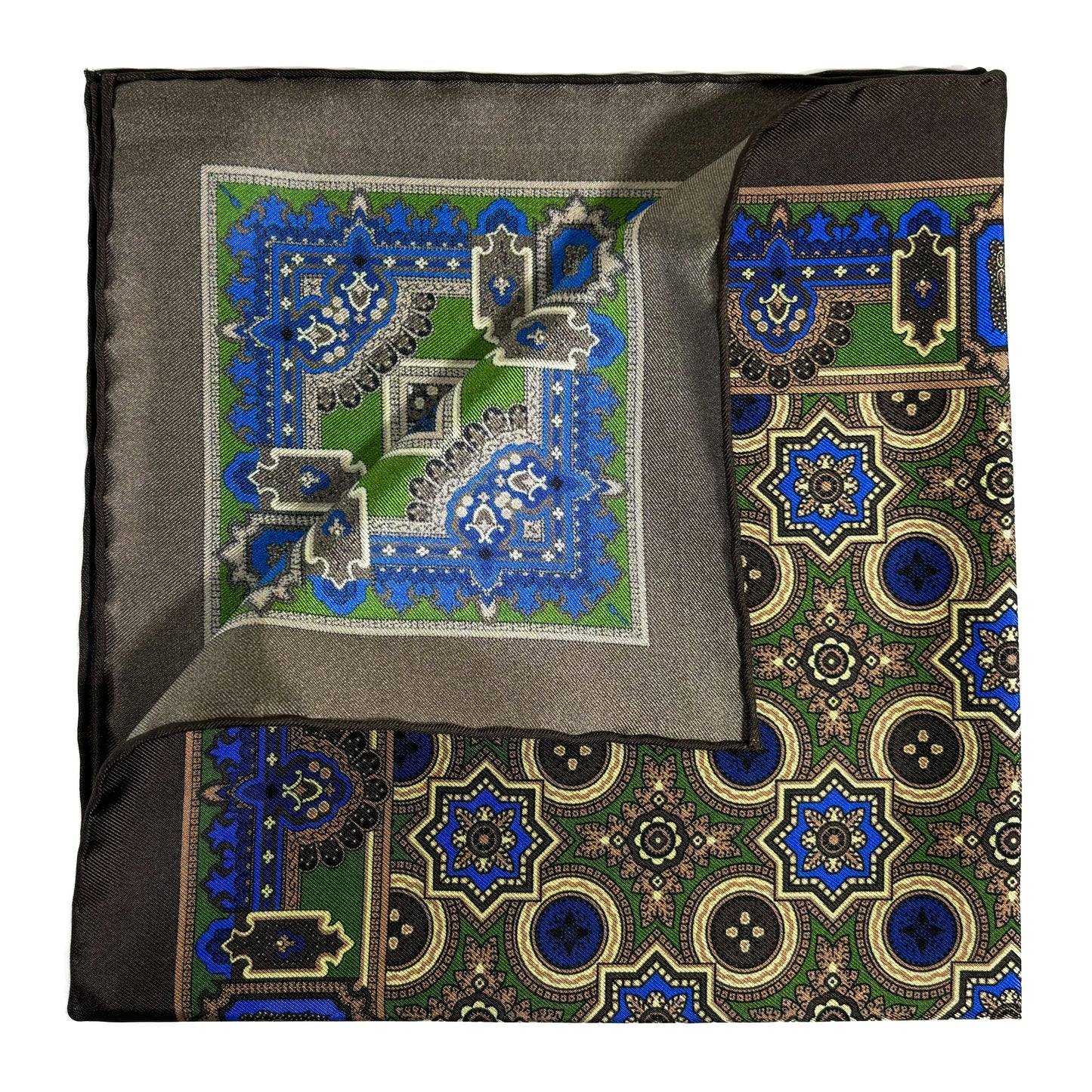 Brown & Green Geometric Silk Pocket Square