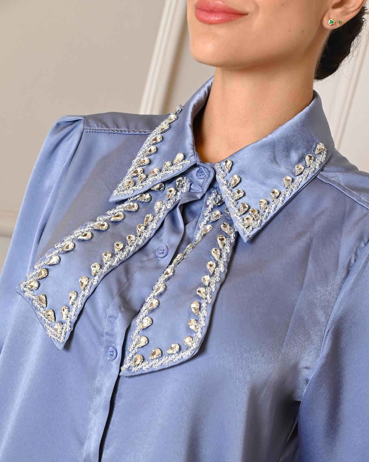 ‘Shiny Collar’ Satin Long Sleeve Top