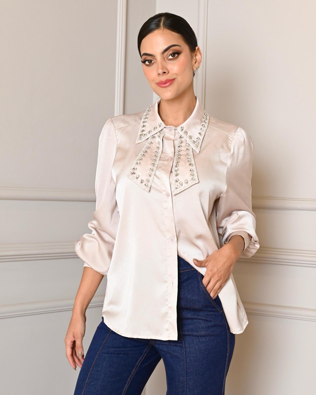 ‘Shiny Collar’ Satin Long Sleeve Top