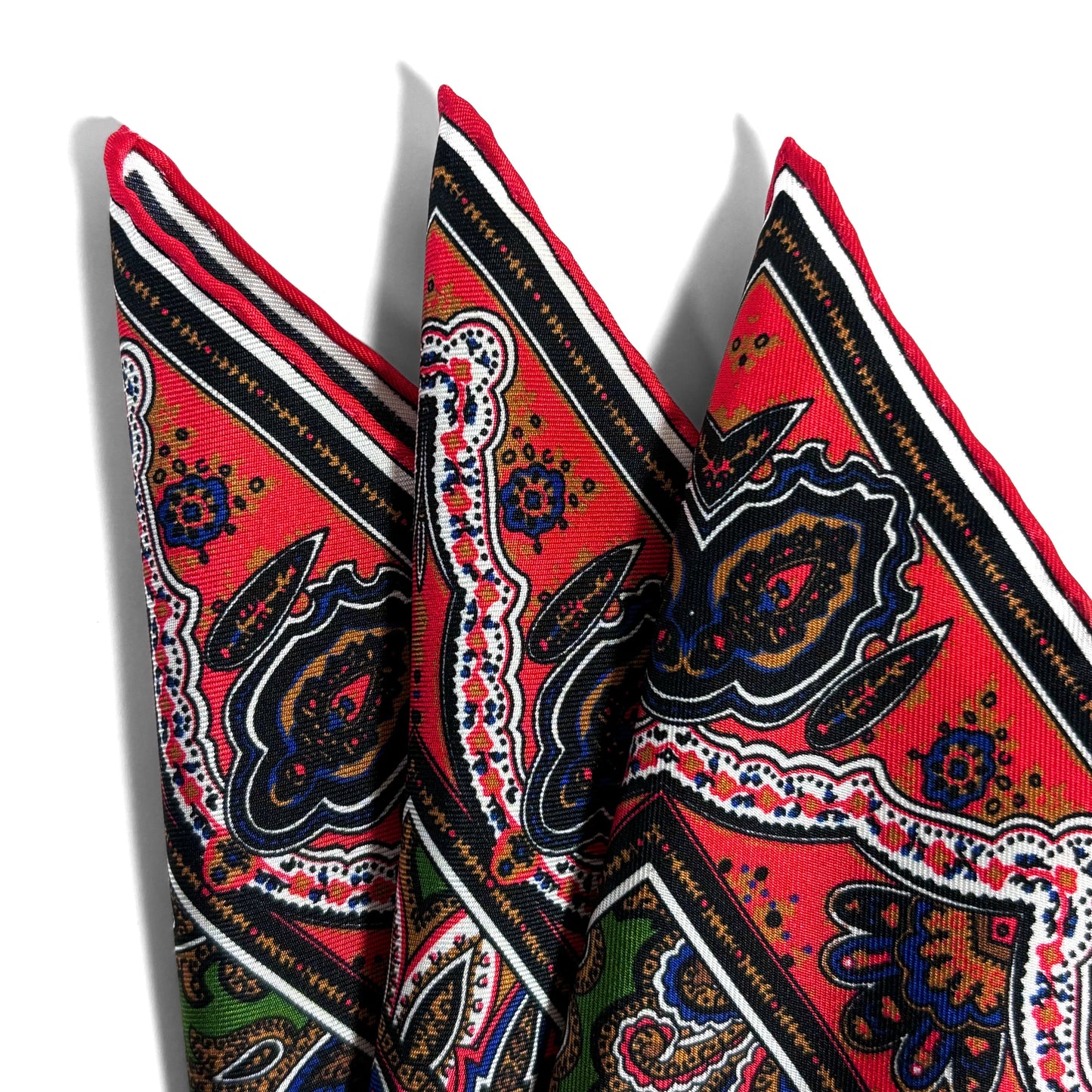 Green & Coral Red Paisley Silk Pocket Square