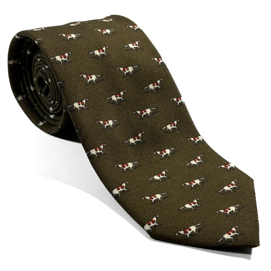 Olive Green Dog Print Wool Challis Tie