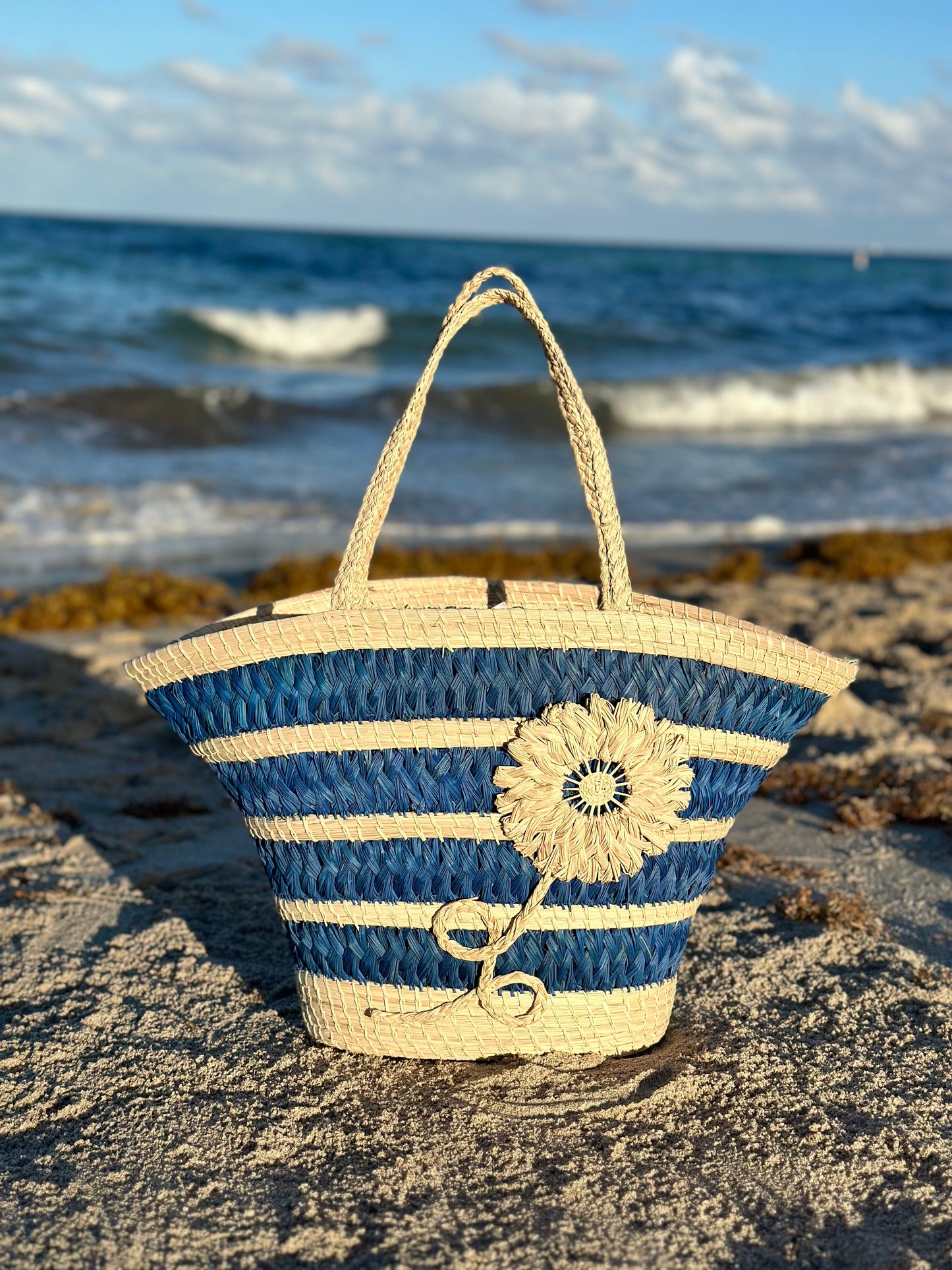 Blue Flower "Trapezoid" Straw Artisan Tote