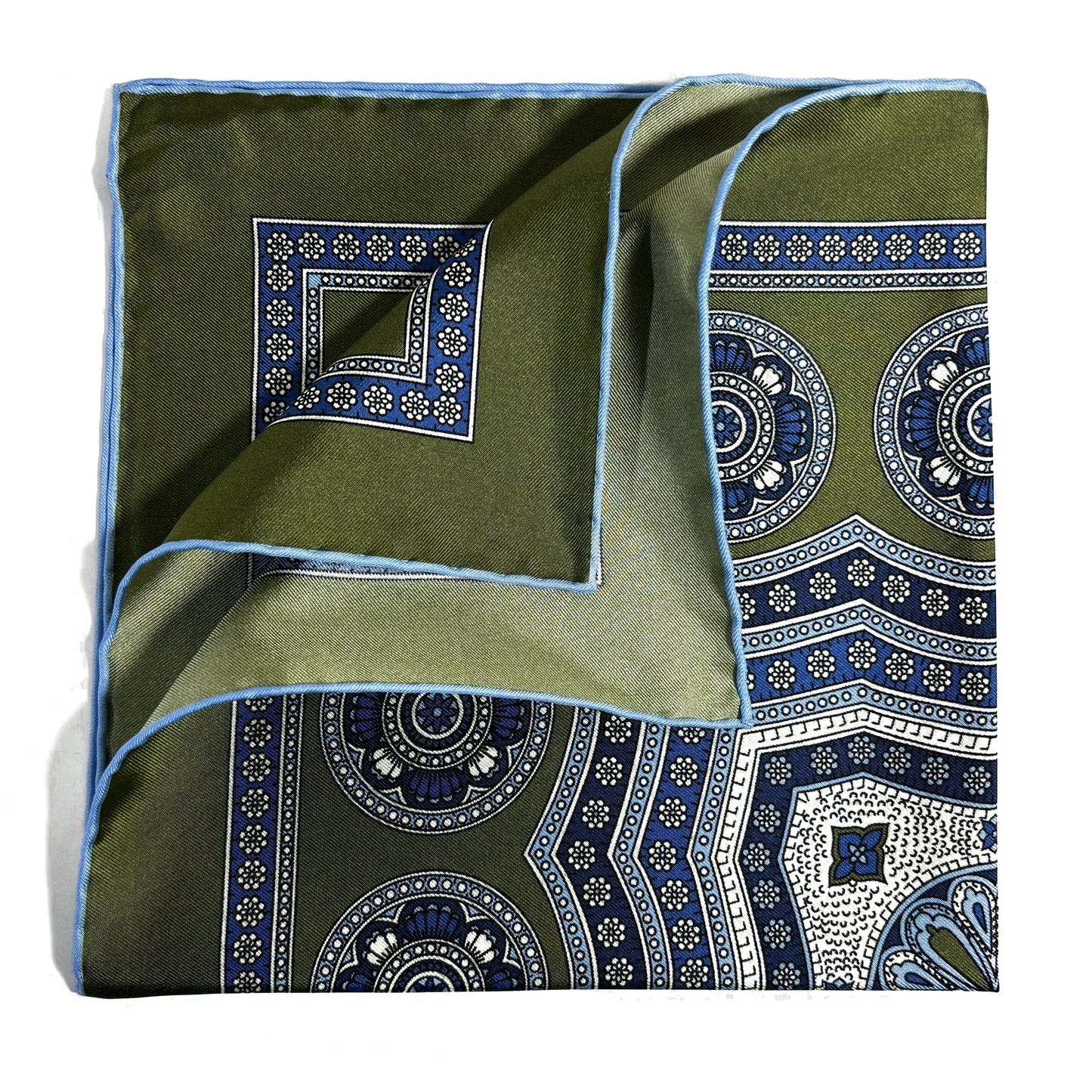Leaf Green & Light Blue Medallion Silk Pocket Square
