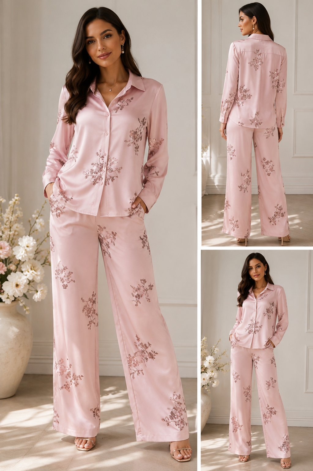 Baby Pink Floral Sequin Satin Top Only