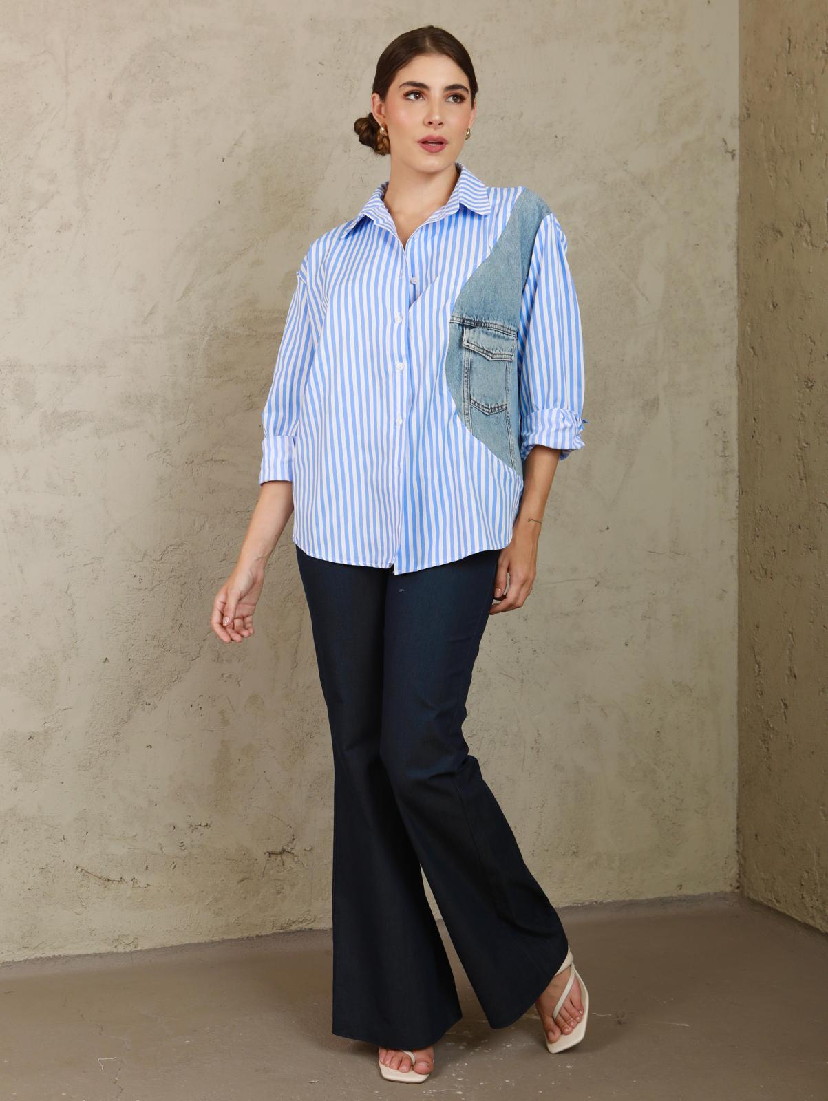 ‘Striped Denim Pocket’ Button Top