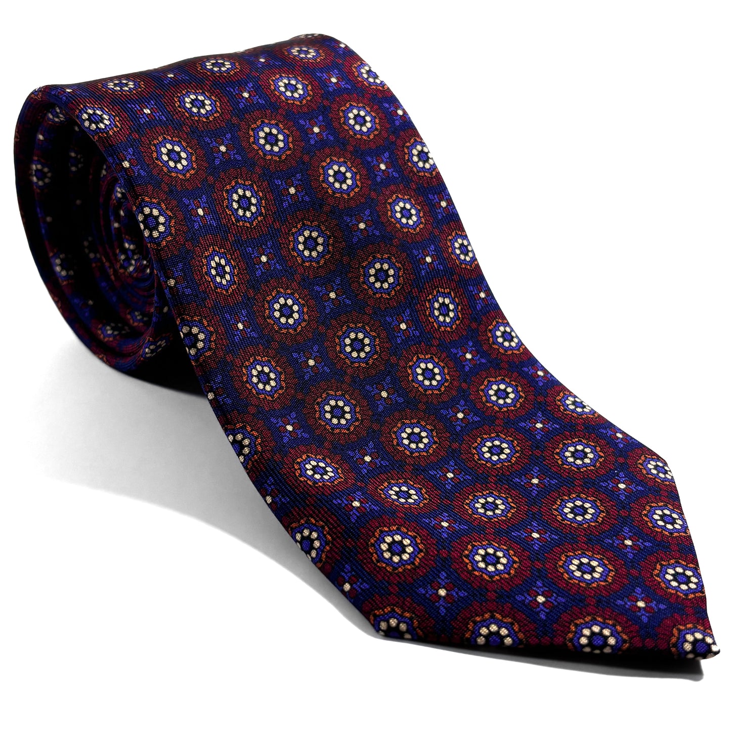 Hand-Printed Navy Blue & Burgundy Geometric Ancient Madder Silk Tie