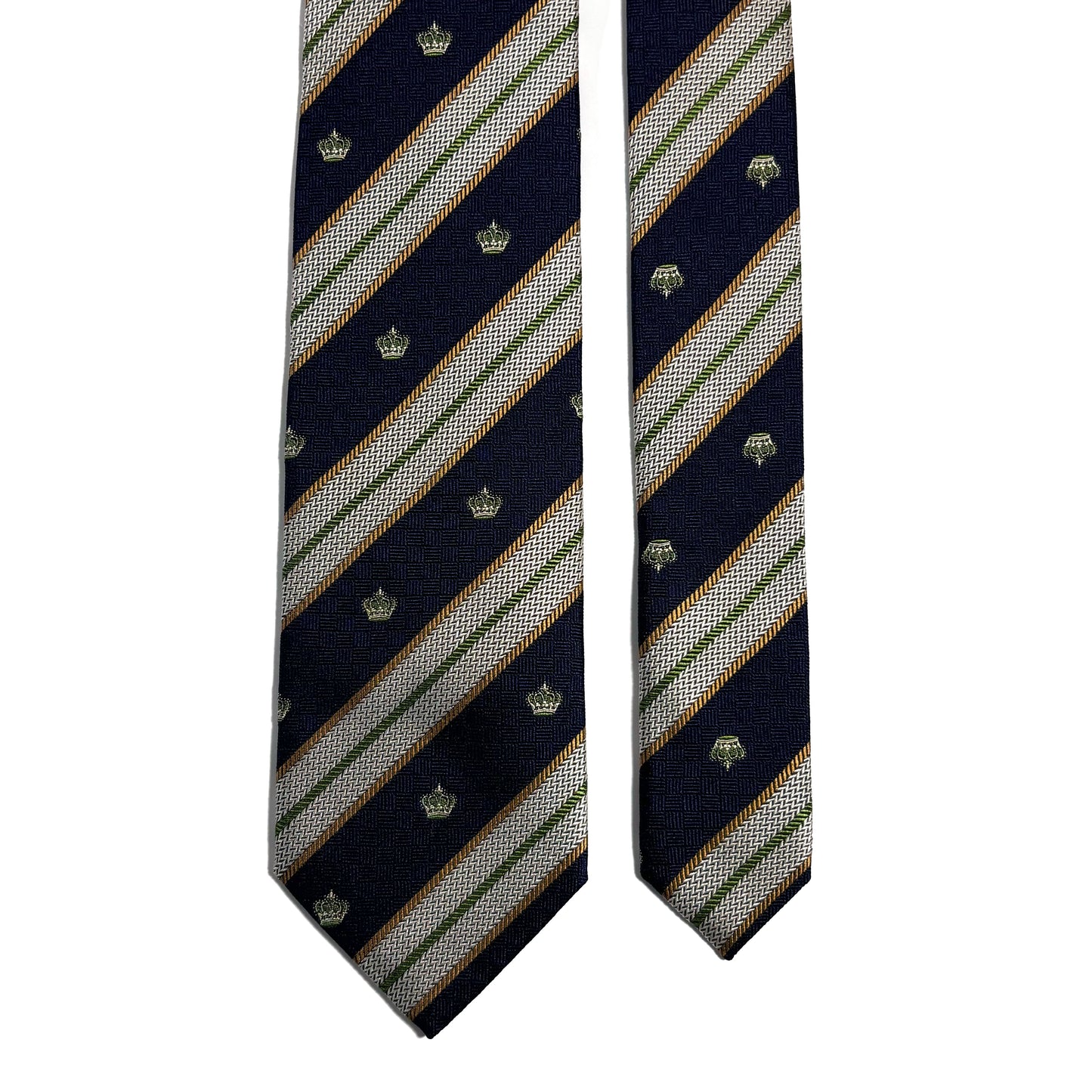Navy Blue & Silver Striped Crown Motif Silk Jacquard Tie