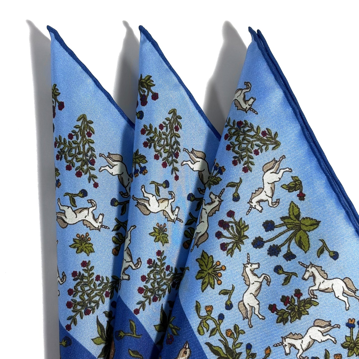 Light Blue & Blue Unicorn Motif Ancient Madder Silk Pocket Square