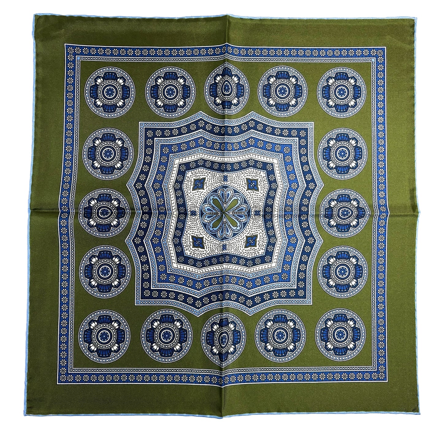 Leaf Green & Light Blue Medallion Silk Pocket Square