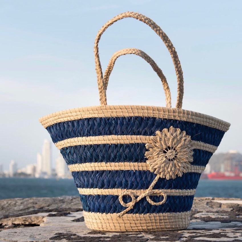 Blue Flower "Trapezoid" Straw Artisan Tote