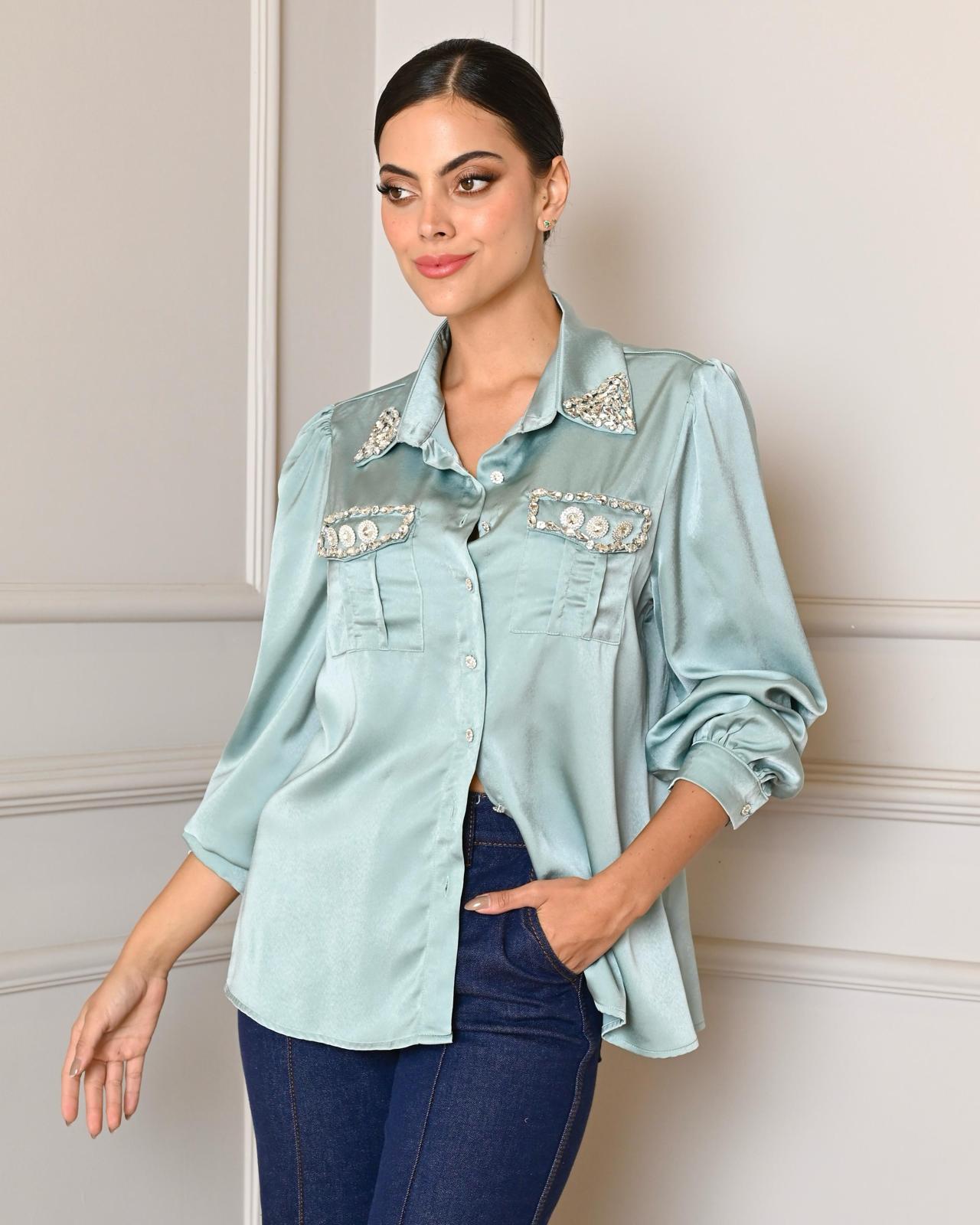 Aqua Diamond Collar Satin Top