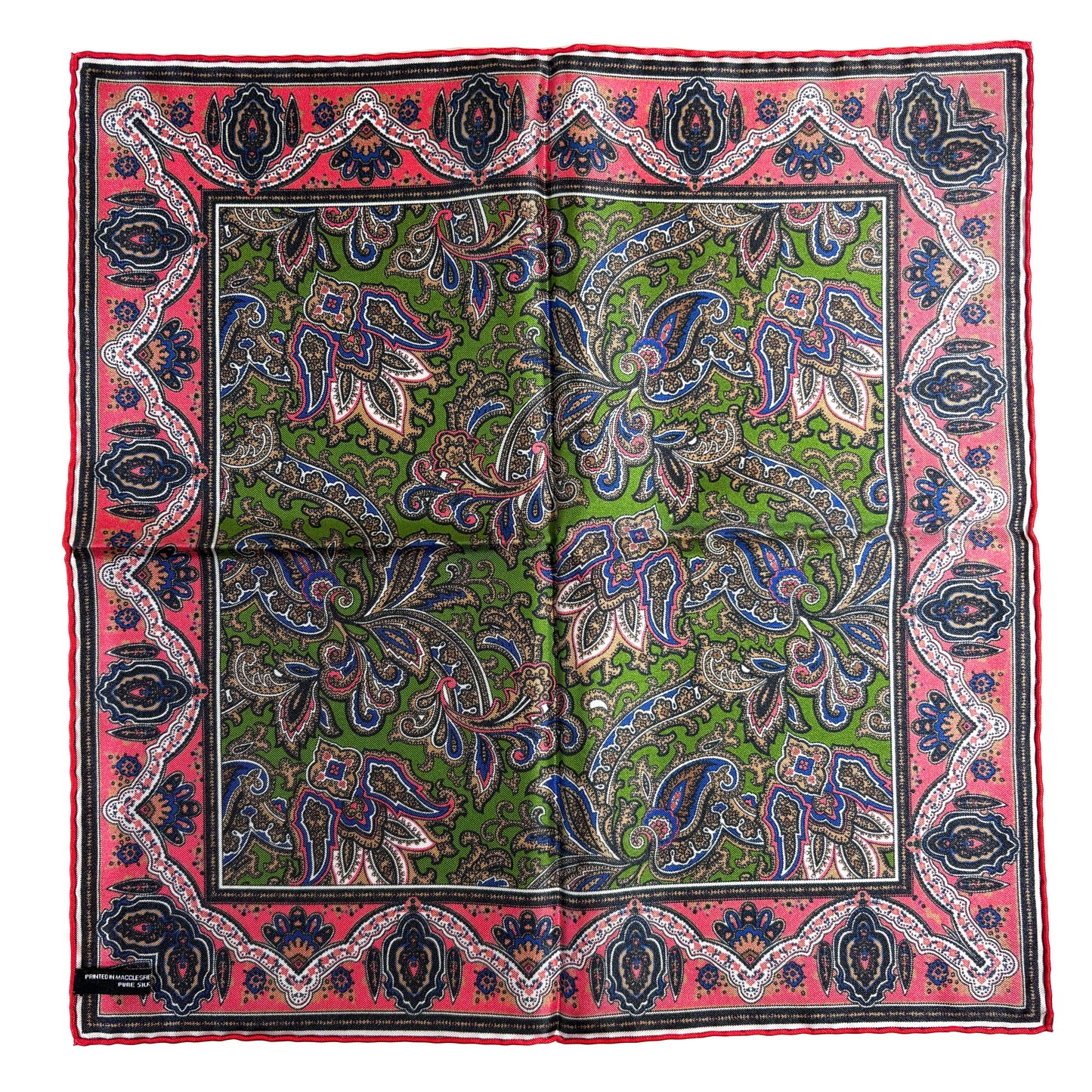 Green & Coral Red Paisley Silk Pocket Square