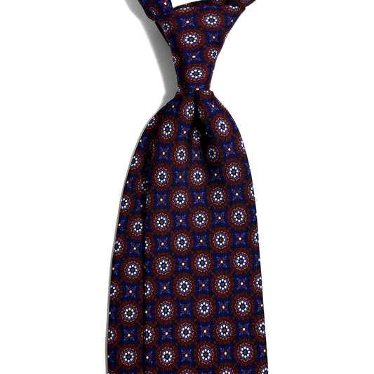 Hand-Printed Navy Blue & Burgundy Geometric Ancient Madder Silk Tie