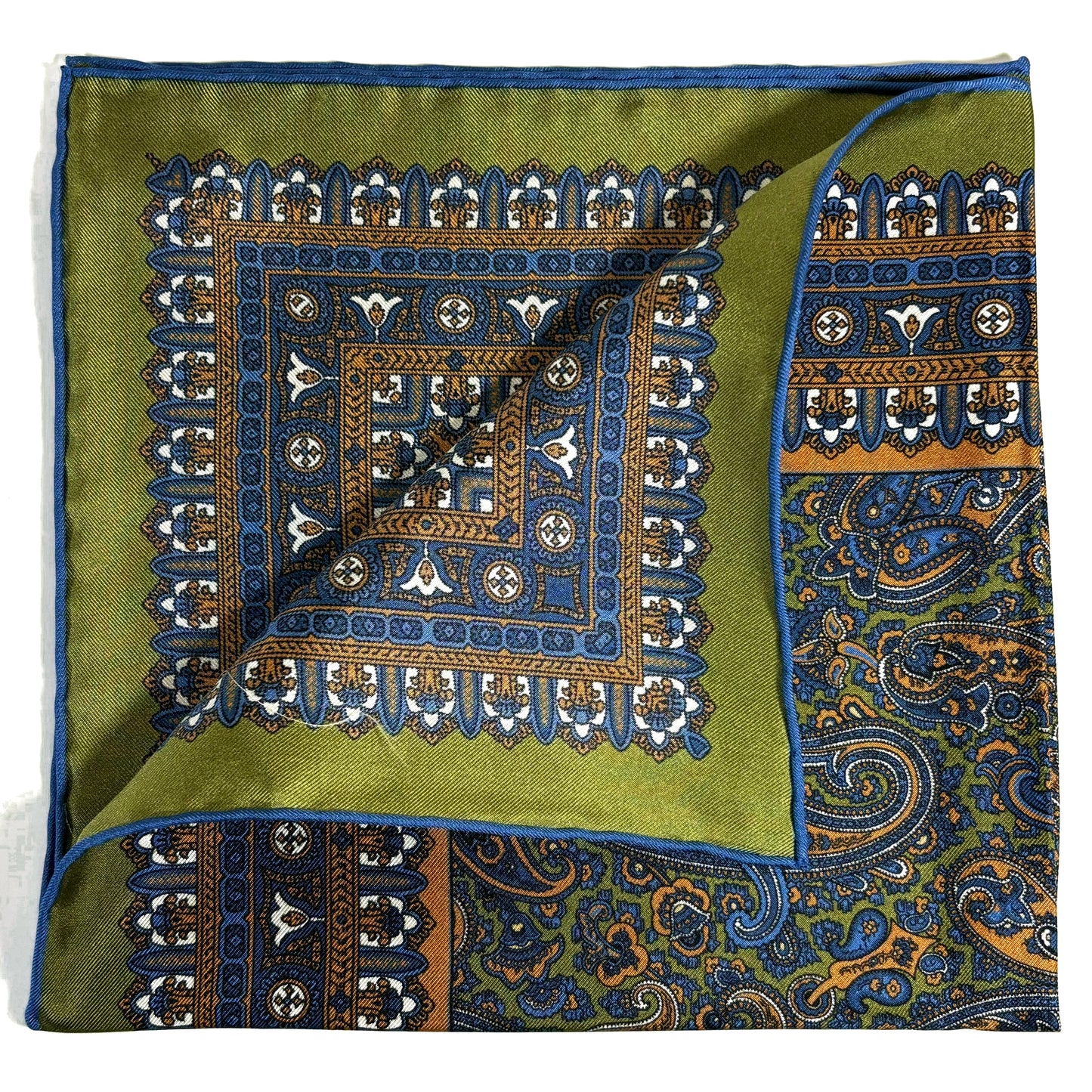 Olive Green & Orange Paisley Silk Pocket Square