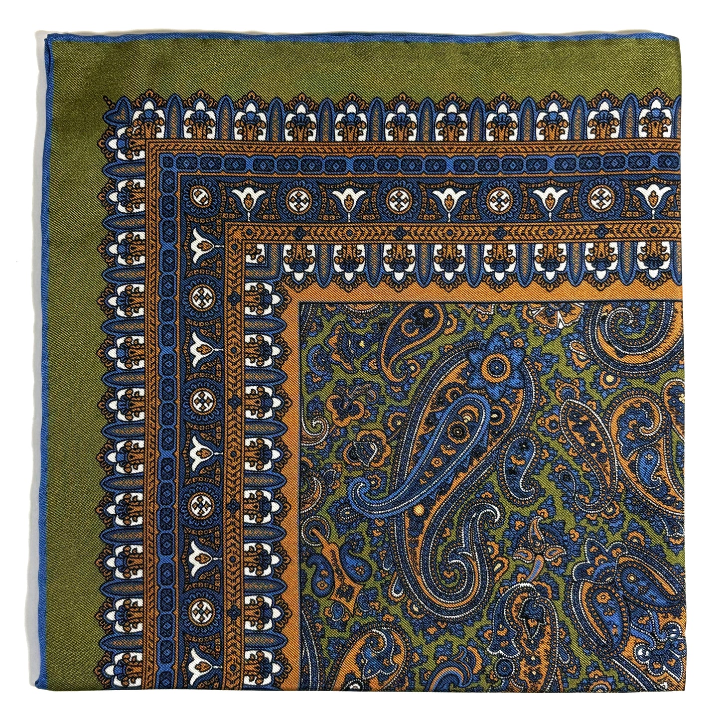 Olive Green & Orange Paisley Silk Pocket Square