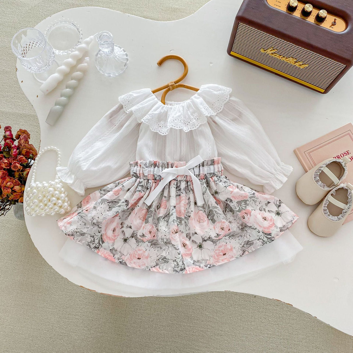 MyKids-USA® Baby Kids Girls Plain Long Sleeves Base Shirt And Floral Skirt Clothing Set