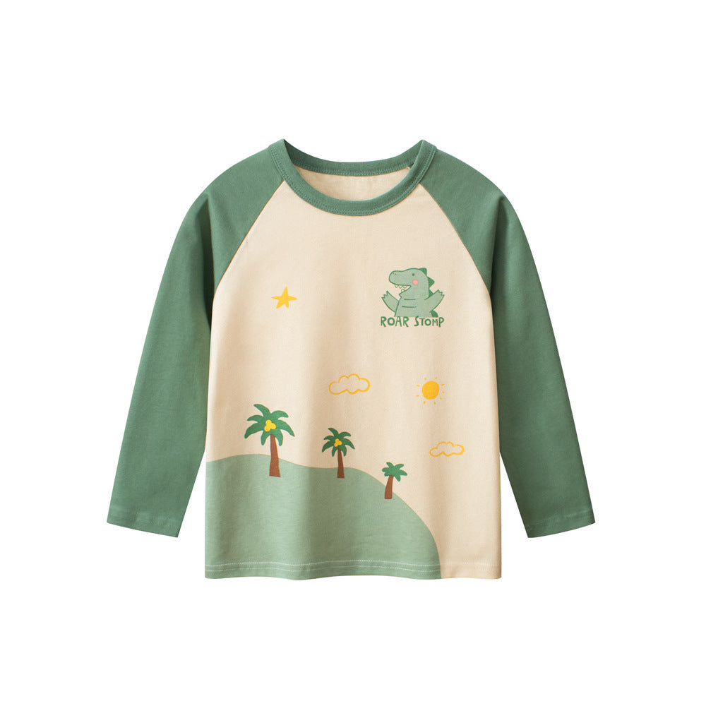 MyKids-USA® Baby Boys Cartoon Print Color Patchwork Long Sleeves Crew Neck Base Top Shirt