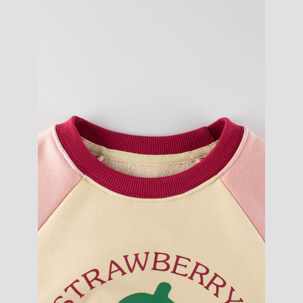 MyKids-USA® Girls Strawberry Cartoon Print Crew Neck Long Sleeves Color Patchwork Sweatshirt