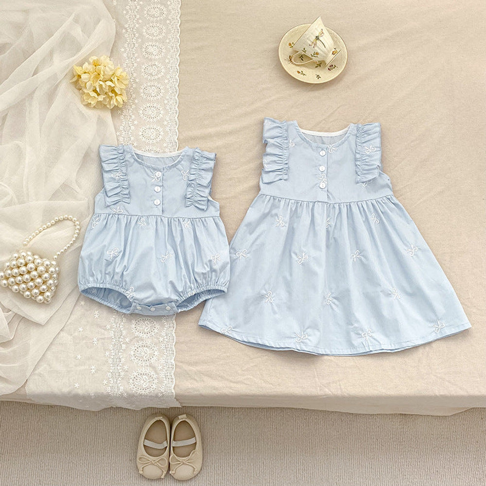 MyKids-USA® Baby Girls French-style Butterfly-Bows Embroidery Pattern Sleeveless bodysuit and Dress – Princess Sister Matching