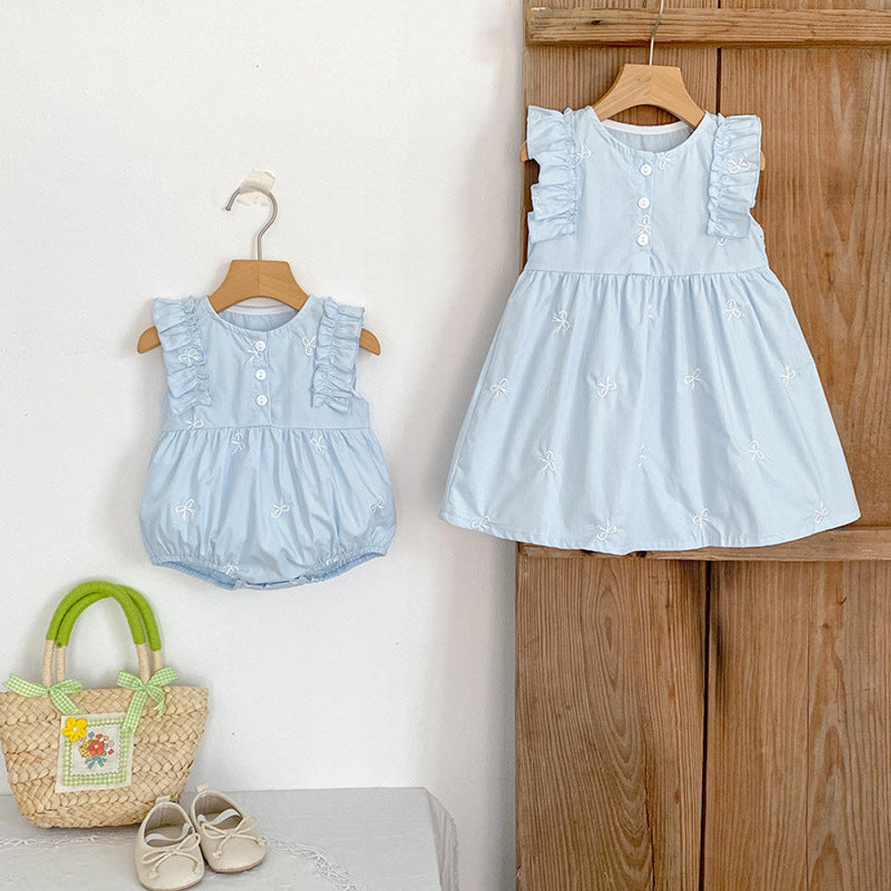 MyKids-USA® Baby Girls French-style Butterfly-Bows Embroidery Pattern Sleeveless bodysuit and Dress – Princess Sister Matching